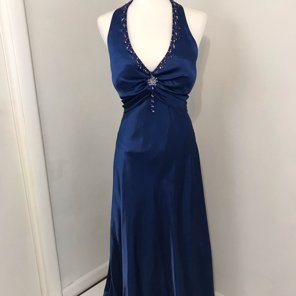 Niki Lavis Formal Beaded Halter Blue Gown SZ 16